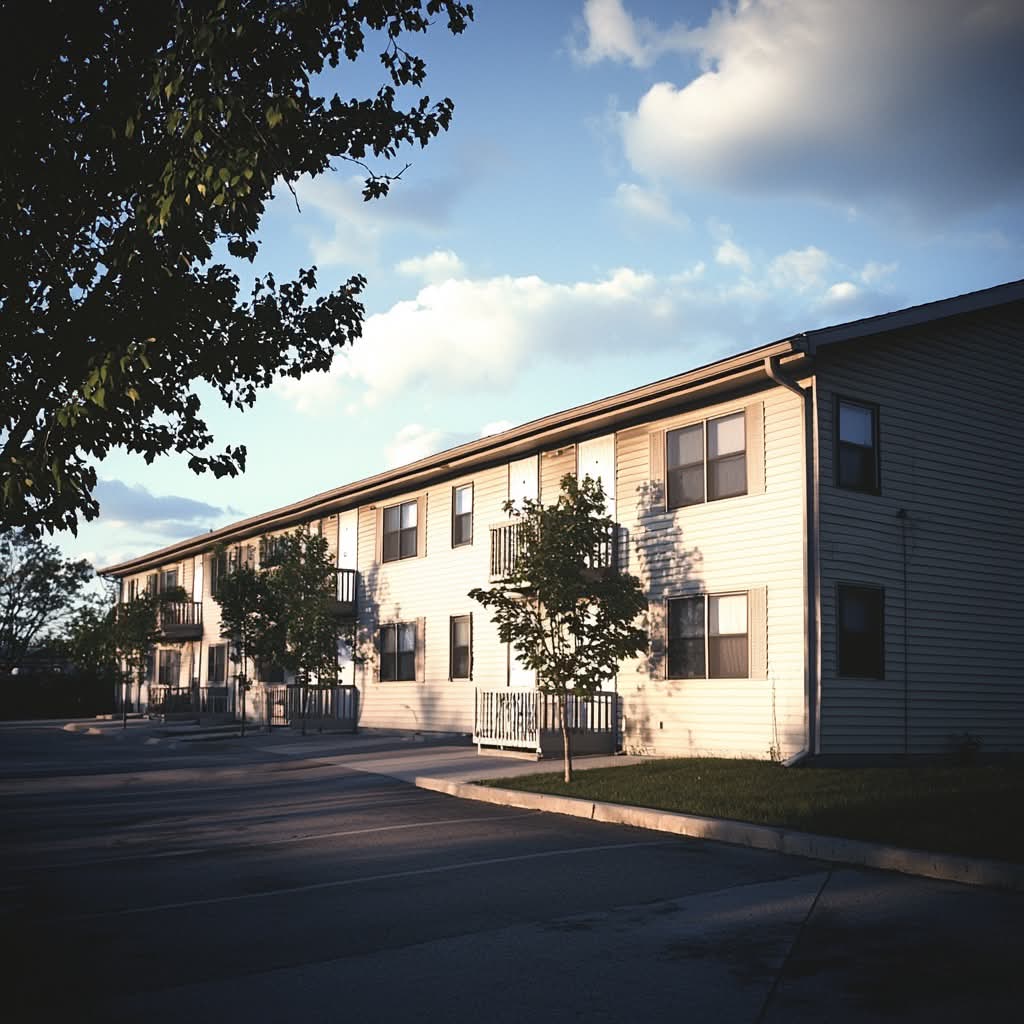 Two-story apartment building with small balconies and young trees in front, illuminated by warm sunset light under a partly cloudy sky.