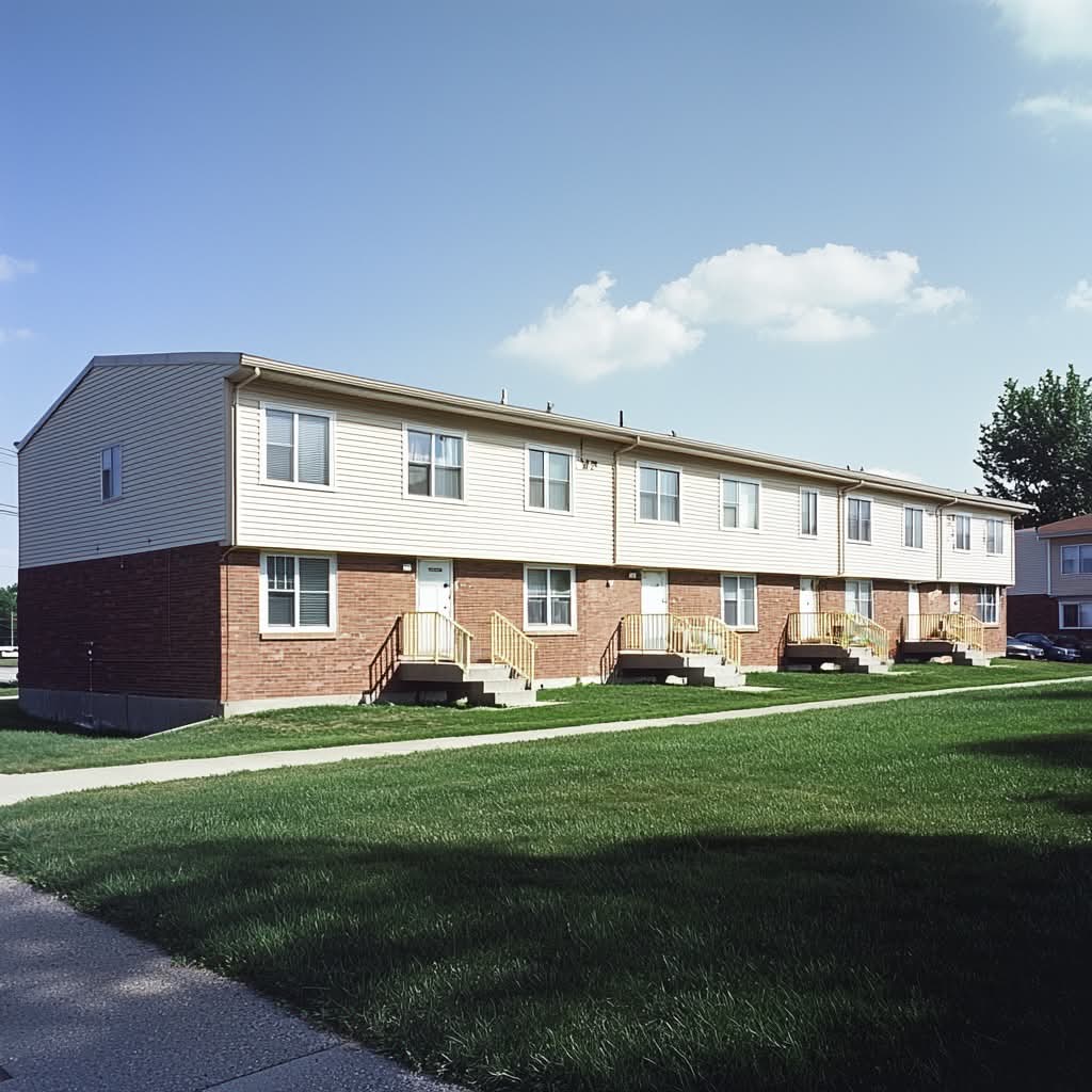Row of two-story townhouses with brick lower sections and beige siding on the upper levels, surrounded by green grass under a sunny sky.